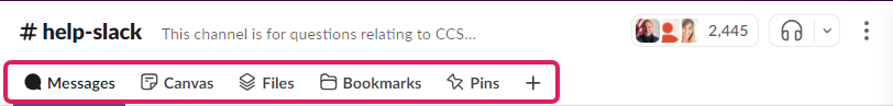help-slack channel with new layout showing the default tabs - messages, Canvas, Files, Bookmarks, and PIns
