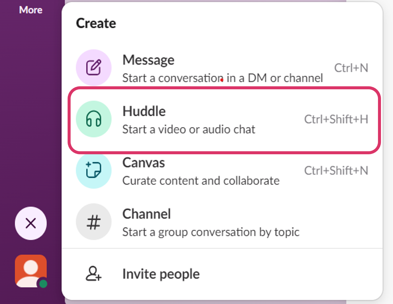Pop up with Huddle command selected