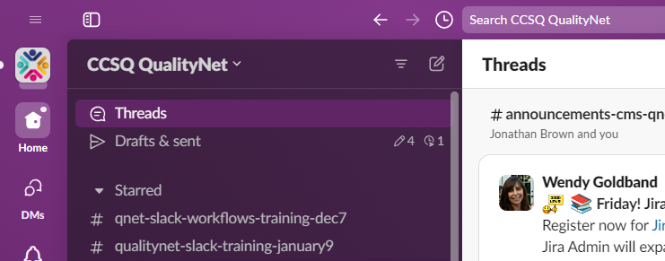 Threads folder in sidebar under CCSQ QualityNet