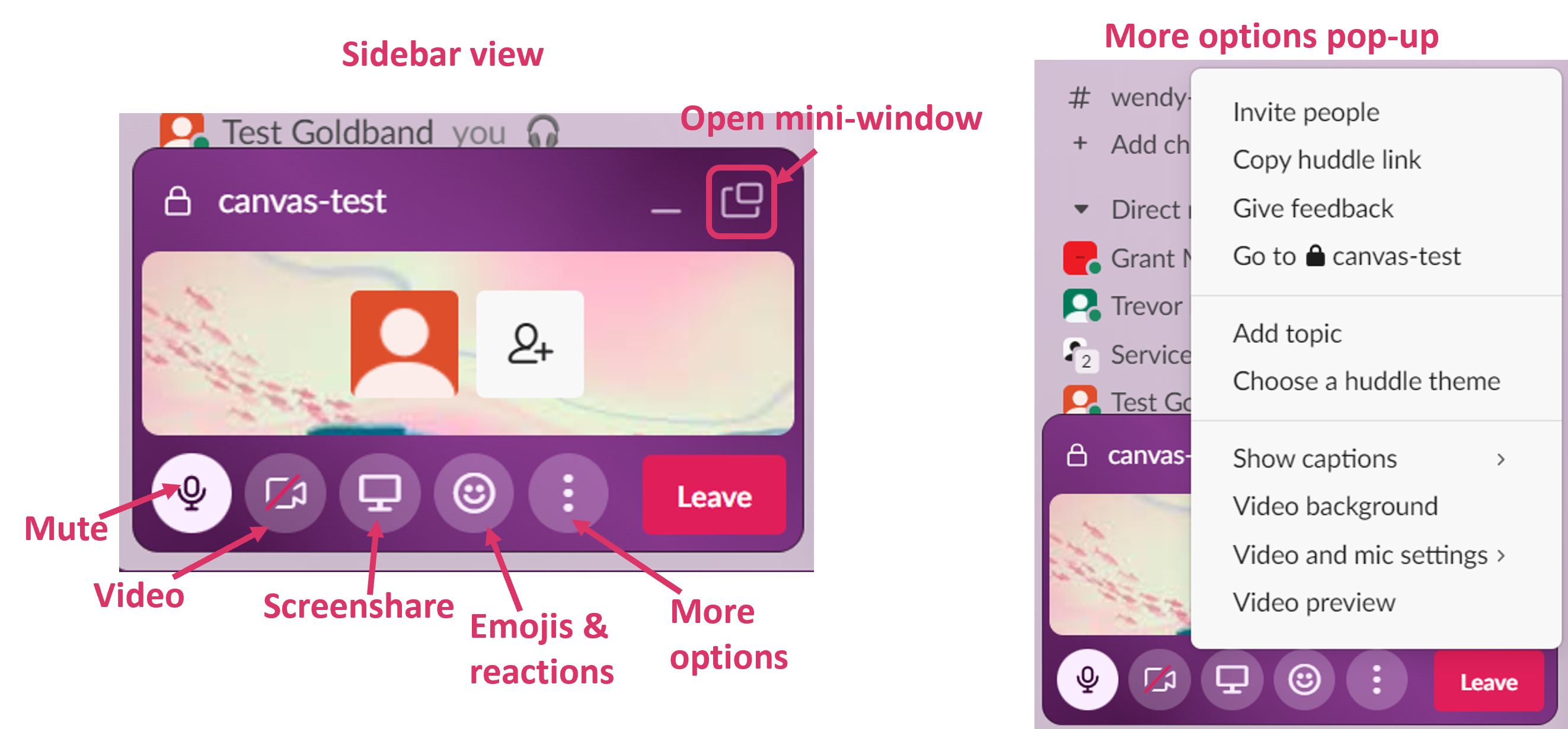 sidebar view with all the buttons toolbar and More options popup with Invite people command